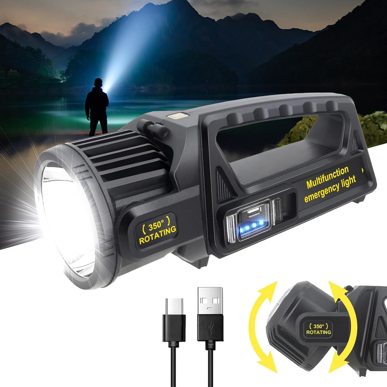 LETOUR Rechargeable Torches LED 30000 Lumens Portable Searchlight 4500mAh Multifunction Flashlight Torch Lantern 9 Modes,Type-C Solar Camping Light Searchlight Power Bank for Emergencies,Outdoor