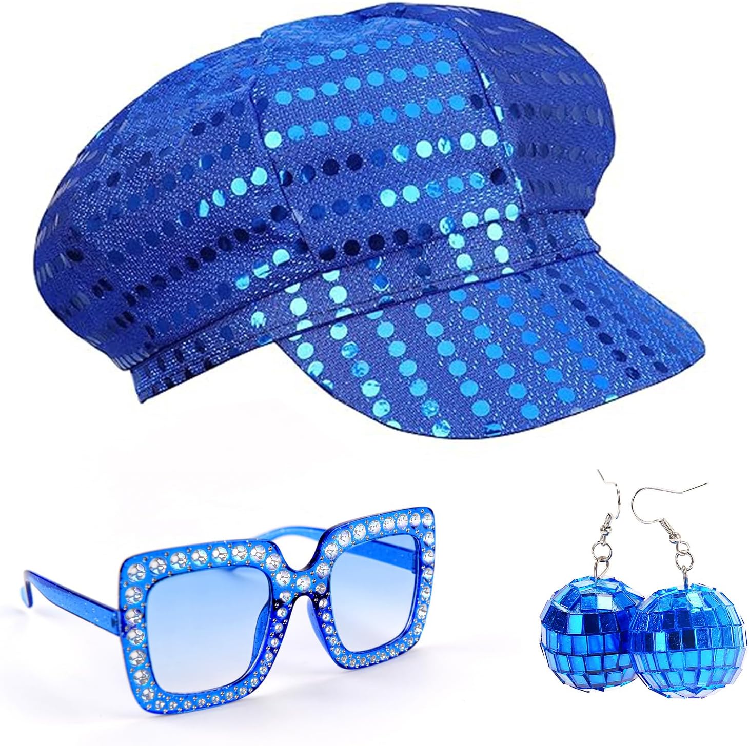 3PCS Hat Abba Hat Abba Accessories Women, Disco abba fancy dress costume Costume, Glitter Abba Sequin Beret Hat Earrings Square Bling Sunglasses Retro for Women Theme Party Birthday Dance