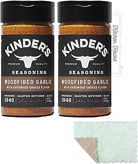 Kinders Woodfired Garlic Seasoning 2 Pack (6 oz) Bundled with Microfiber Wash Cloth and Kitchen Hack Card by Amcient
