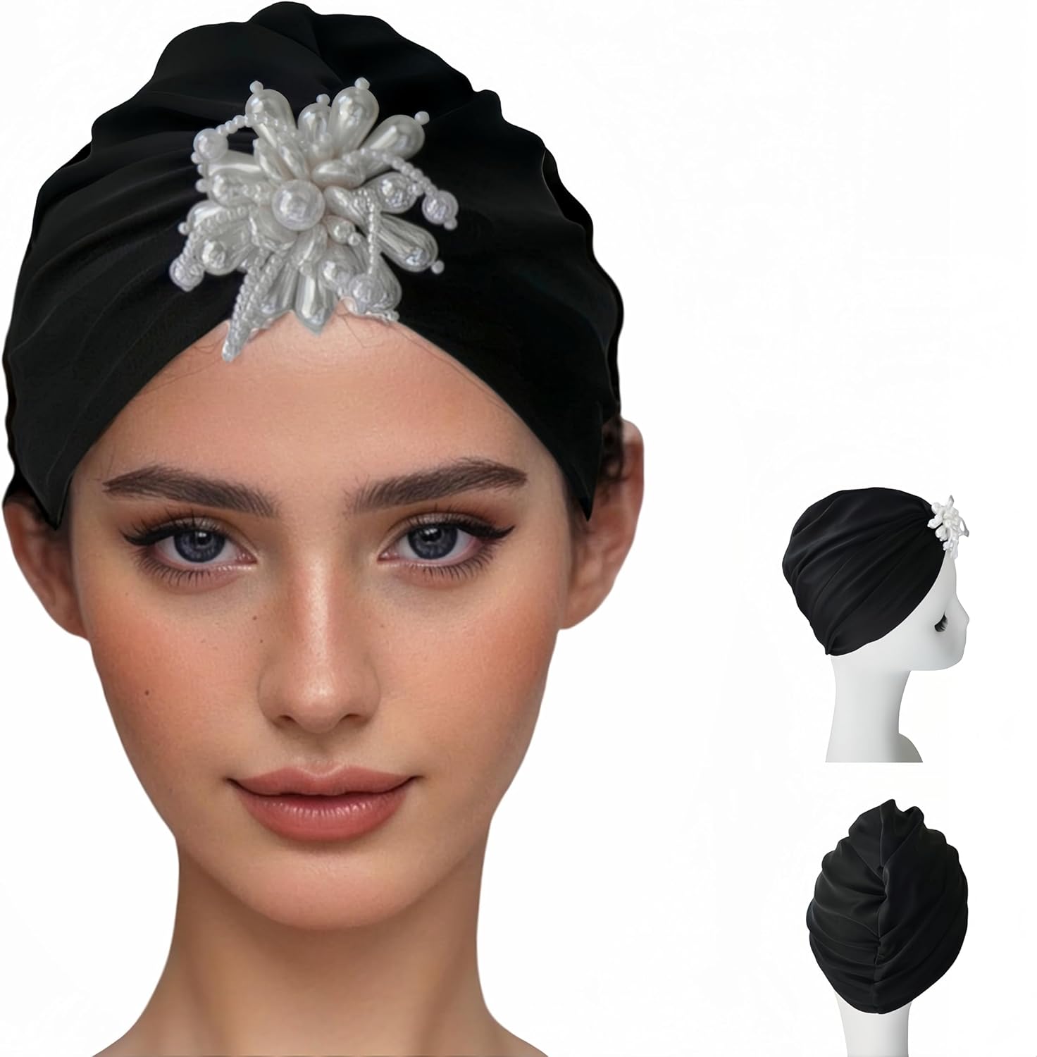 Swim Caps Women Turban Adult Retro Pearl SwimCap for Long and Short Hair Protection,Contouring of The Face, for Swimming Pool/Beach/Water Aerobics/spa Resorts/Watervollyball/Spa/Water Park