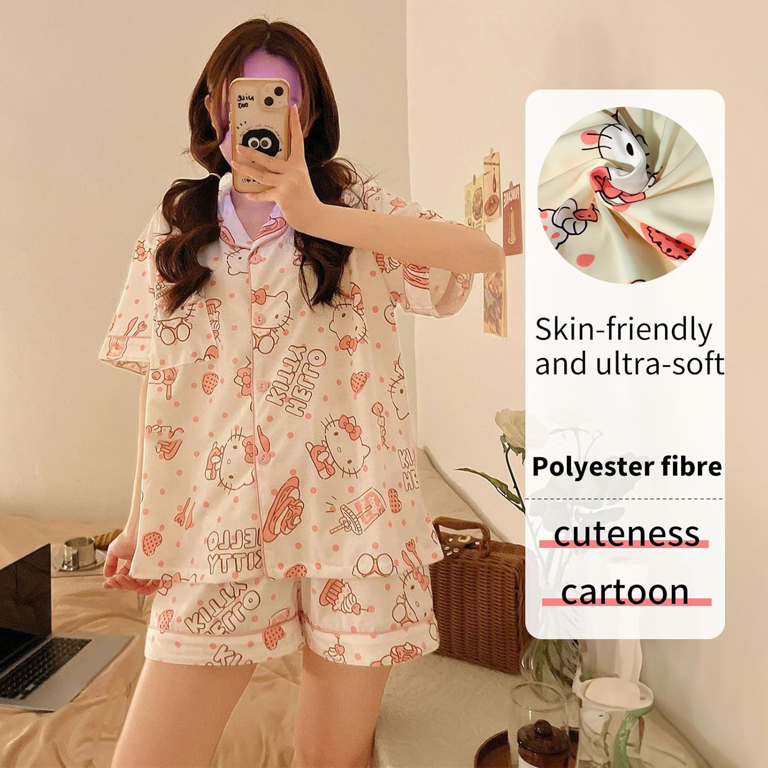 Cute Women's Pajama Sets, Cartoon Print Sleepwear Short Sleeve Shirt and Casual Short - 2 Piece - Image 4