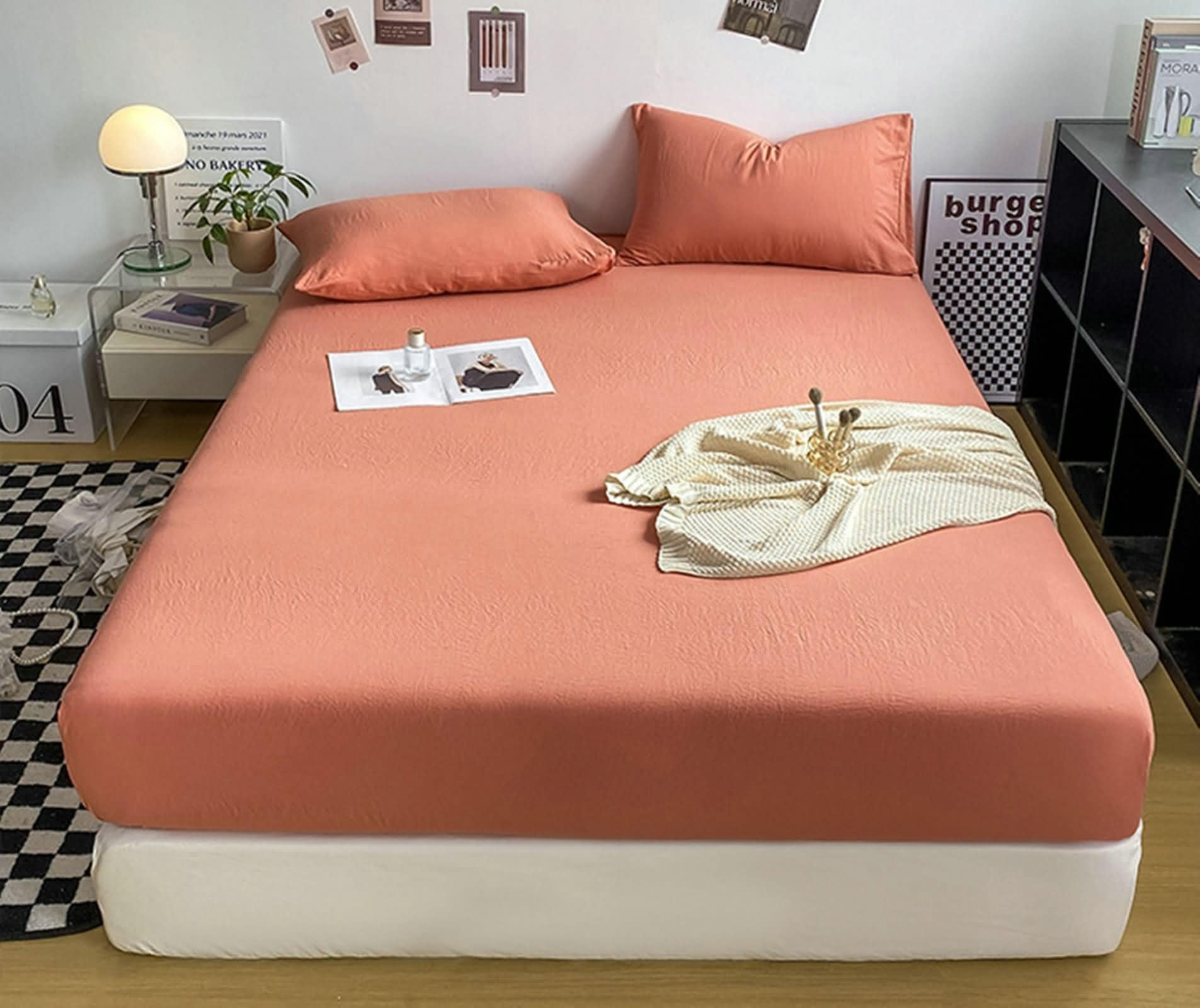 Lot 3 Drap Housse en Coton Lavé Elastique, Couleur Unie, 120 x 200 CM + 2 Taies d'oreillers, Orange