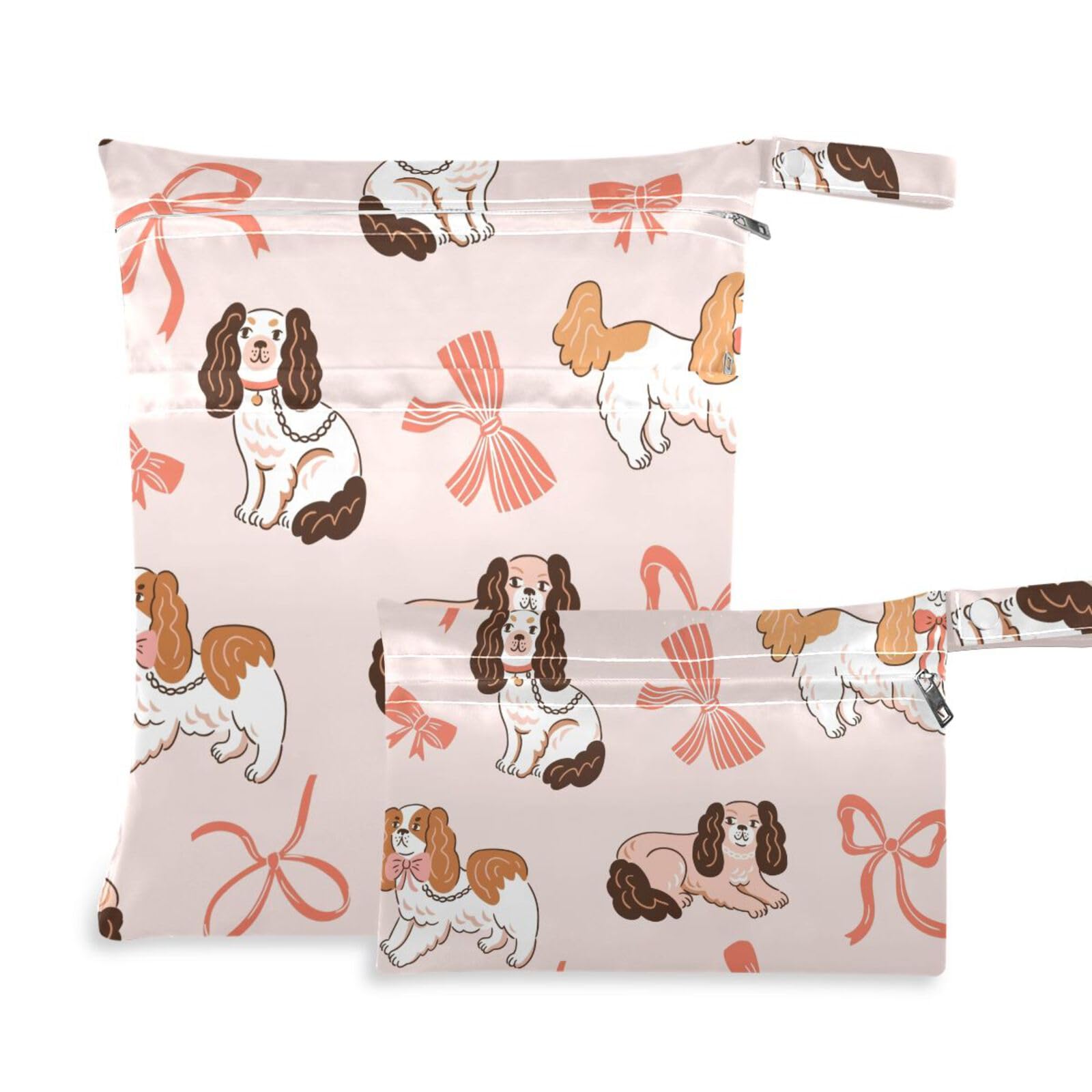 susiyo 2 Pcs Wet Dry Bag Cute Dogs Pink Waterproof Reusable Baby Cloth Diaper Wet Bags with 2 Zipper Pockets for Breast Pump Parts Travel Beach Pool Gym Yoga Swimsuits Wet Clothes