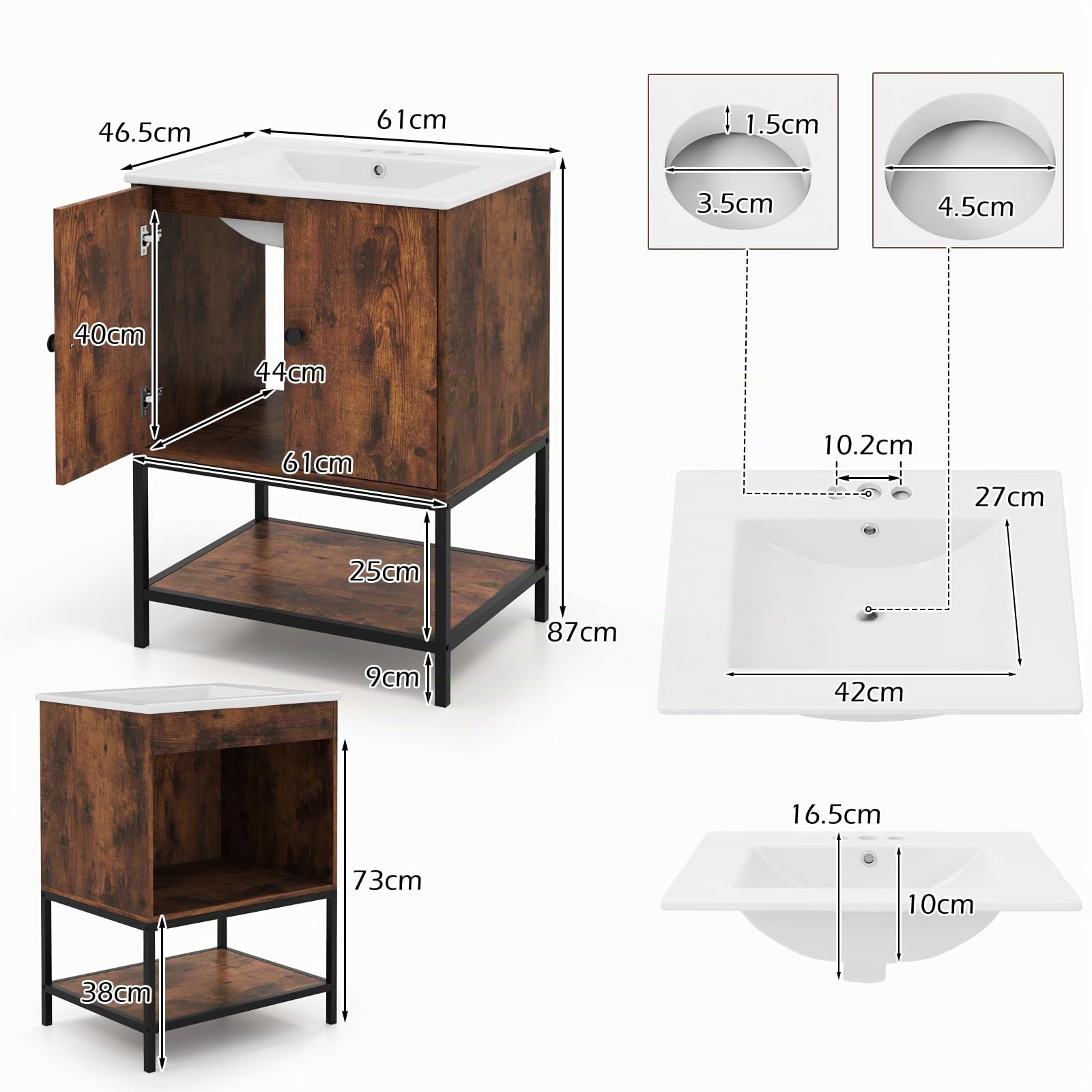 LIFEZEAL Meuble de Salle de Bain avec Lavabo, 61x46,5x87 Cm, Armoire de Salle de Bain avec Vasque en Céramique, Meuble WC Rangement avec Cadre en Fer, Vintage Brown