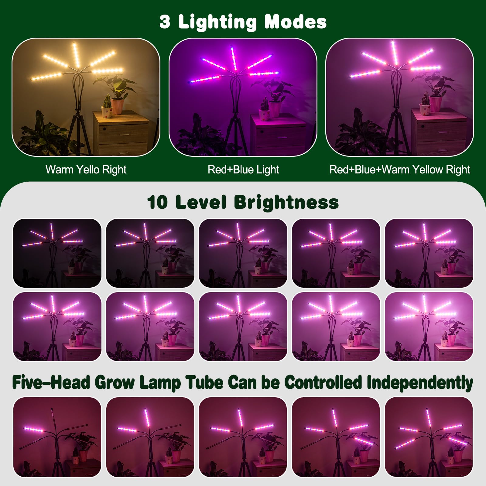 Pflanzenlampe mit Ständer, 5 Kopf 100 LEDs Vollspektrum Pflanzenlicht, Pflanzenleuchte mit Grow Light mit 3 Farbmodi und 10 Helligkeit, Auto Timer, Pflanzenwachstumslampe