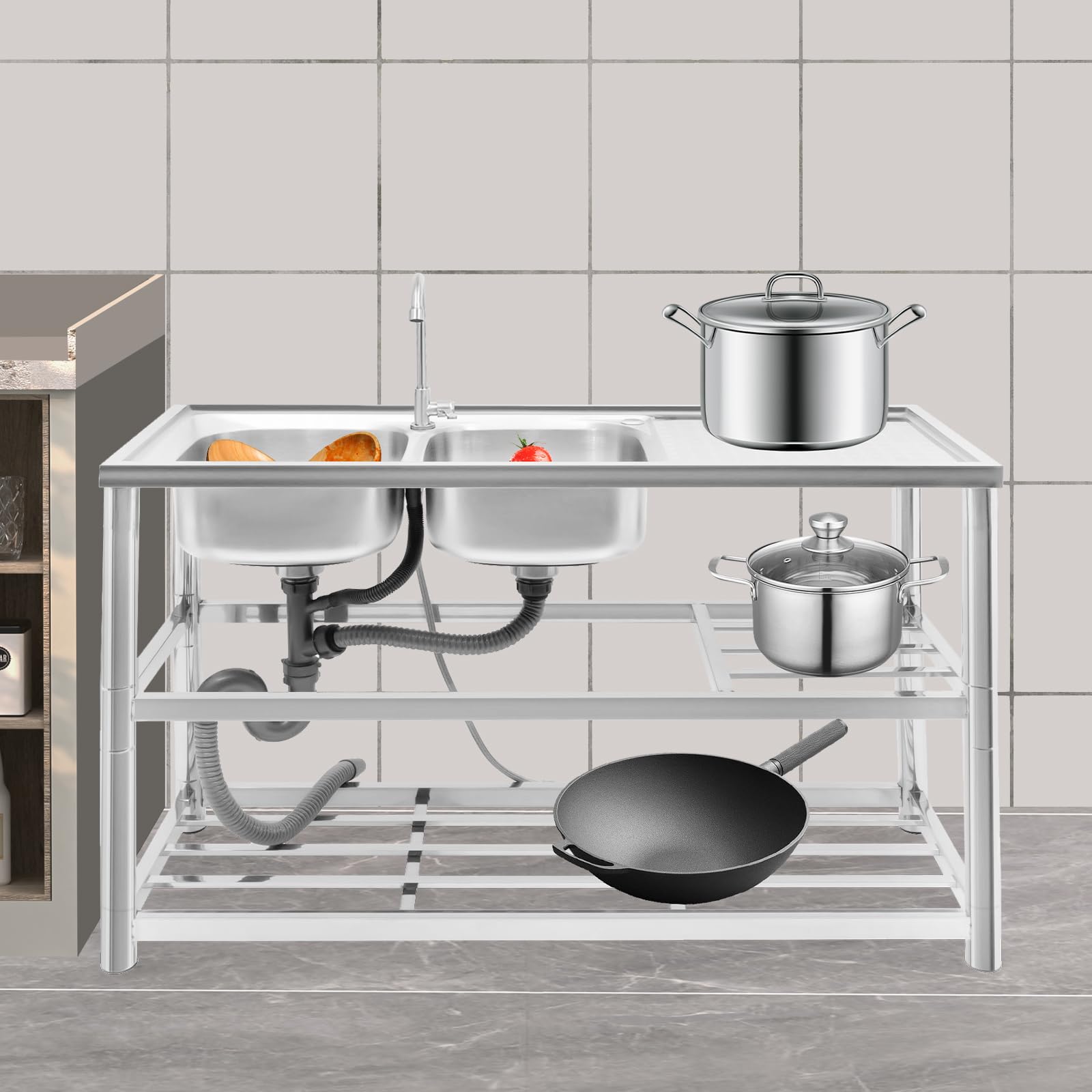 Lavello da cucina in acciaio inox, a 2 vasche a 3 livelli, autoportante, con rubinetto, per ristorante, campeggio, 120 x 45 x 80 cm, con accessori e scolapiatti