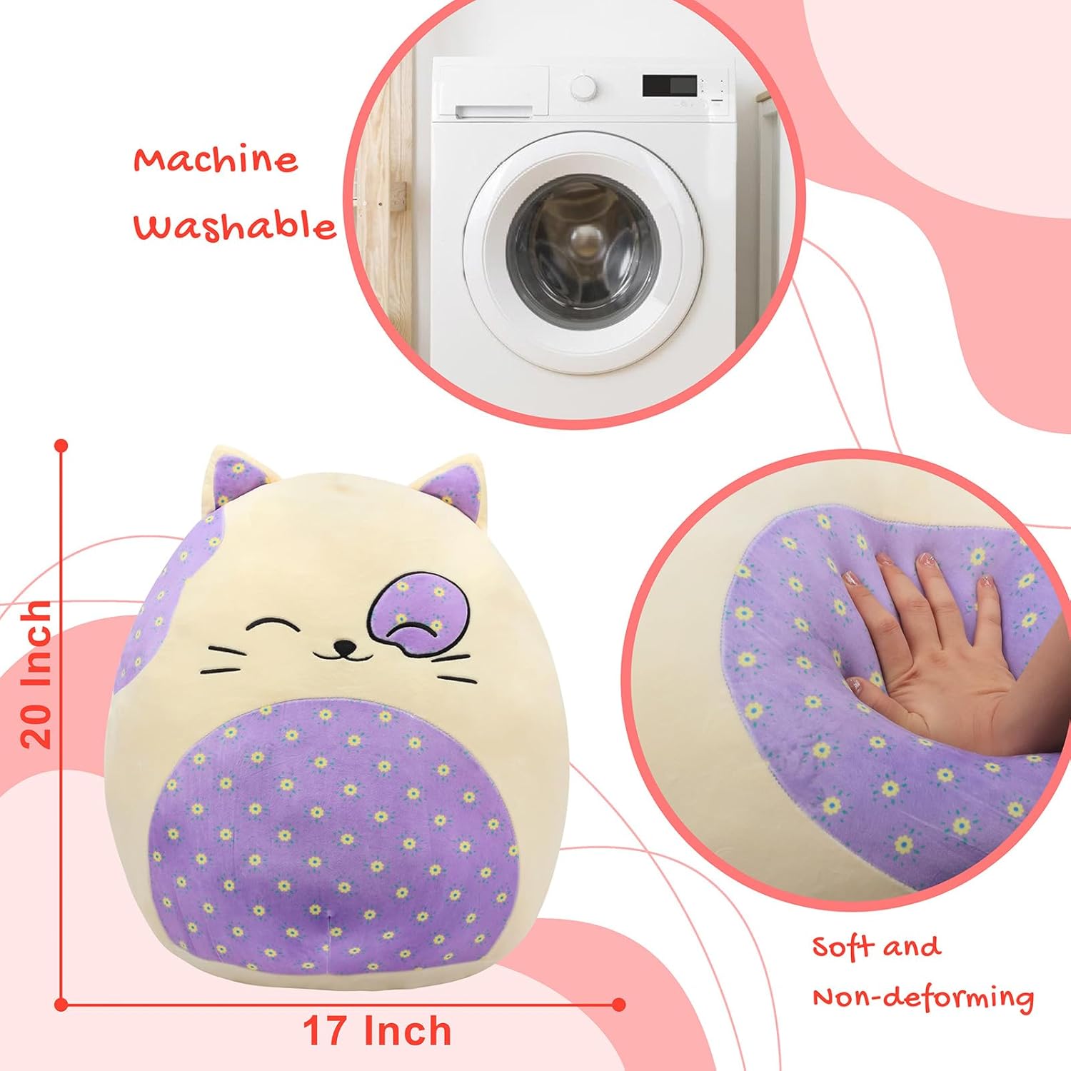 20-Inch Large Cat Plush Pillow with Floral Belly Cute Plush Toy Soft Kitty Pillow Giant Kitty Stuffed Animal Birthday Gifts for Kids Girls Adults