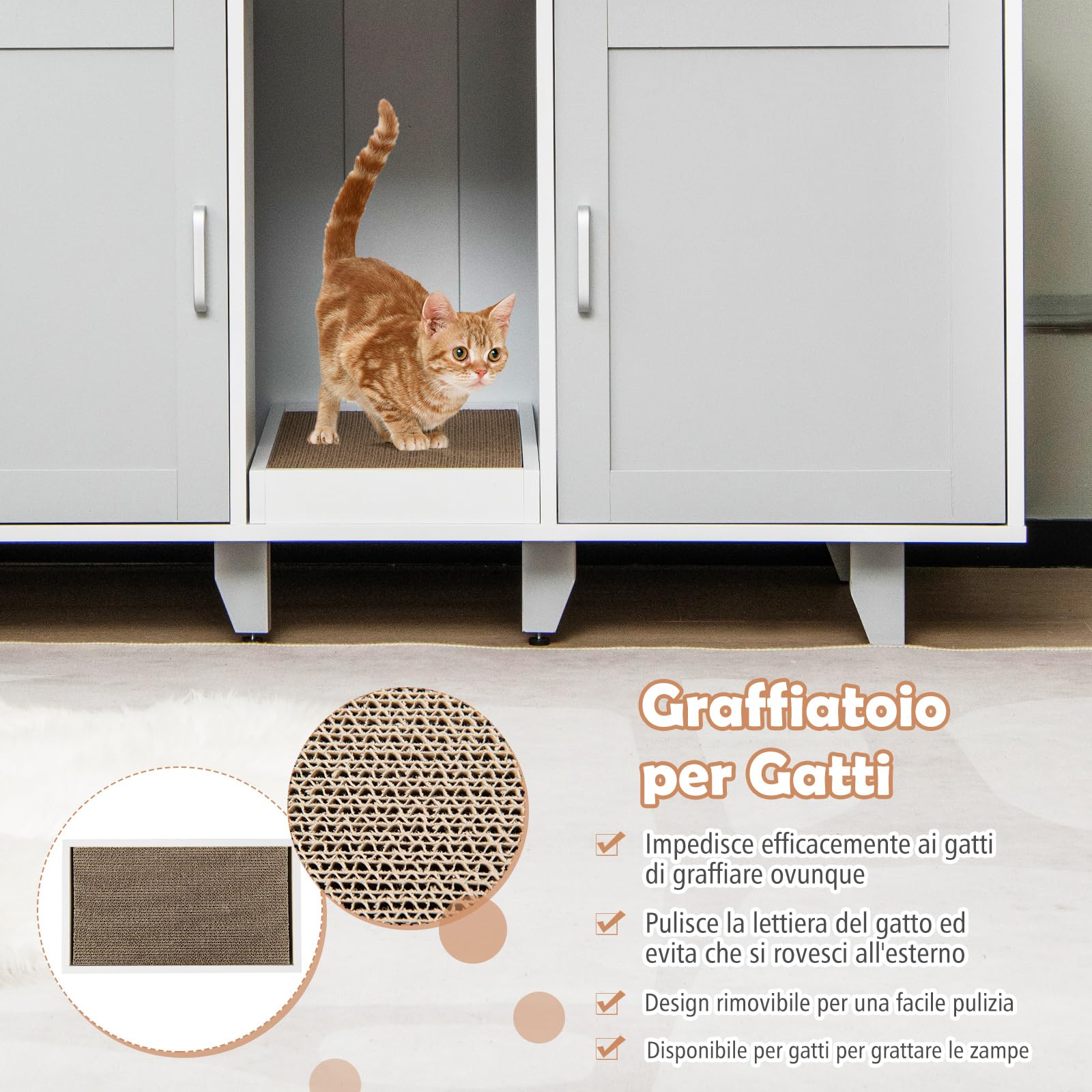 COSTWAY Mobile per Lettiera per Gatti 120 x 52 x 65 cm, Casetta per Gatti con 2 Ante, Fori, Tiragraffi e Gambe Staccabili, Mobile Versatile e Moderno per Salotto (Bianco e grigio)