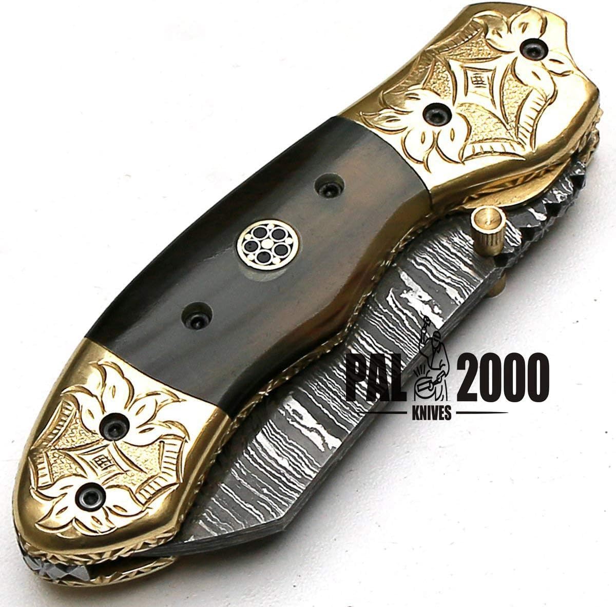 PAL 2000 KNIVES Coltello tascabile pieghevole in acciaio Damasco fatto a mano personalizzato con fodero 8904