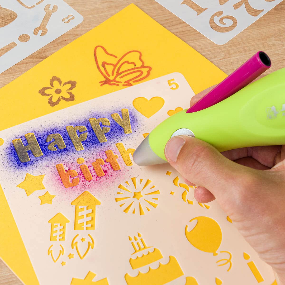 JOLLY Airbrush Fun | Farben sprühen für Kinder | Ungiftig (Airbrush), 20-teiliges Set, grün & 4446-0003 Airbrush Schablone, Kunststoff, Transparent, 30 Stück