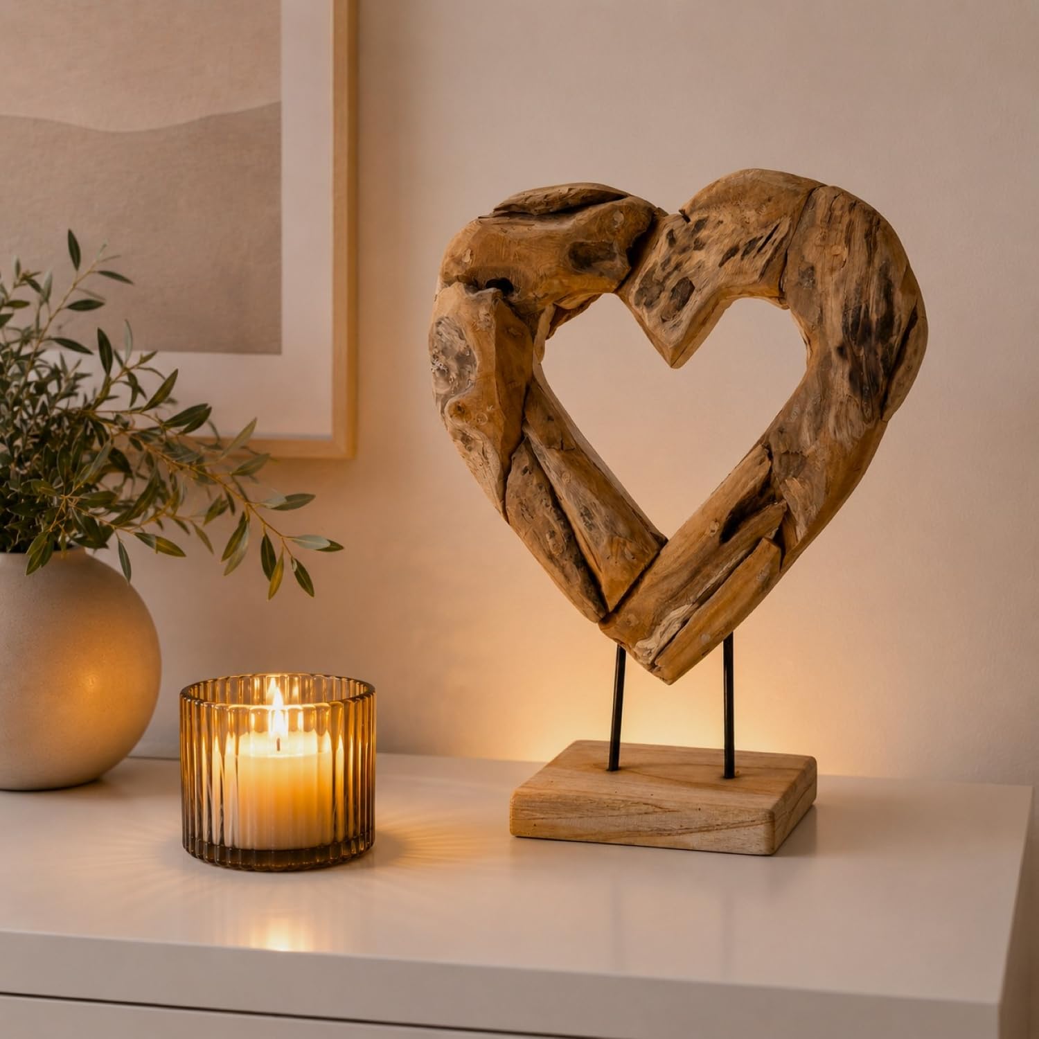 Großes Deko Herz aus Teakholz, Treibholz und Metall für Wohnzimmer & Schlafzimmer