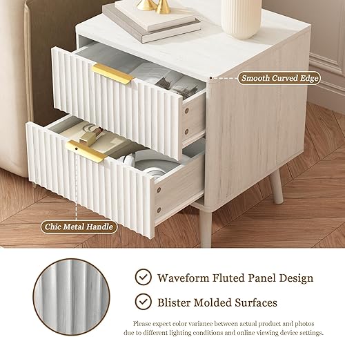 Miniatura 4 de CARPETNAL Mesita de noche acanalada, mesita de noche blanca con 2 cajones y asas doradas, mesa auxiliar de madera de mediados de siglo para