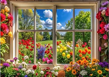 7x5FT Spring Summer Photography Backdrop Flowers and Trees Vibrant Flowers Party Decoration Sunshine Grassland Spring Window Landscape Photo Background 087