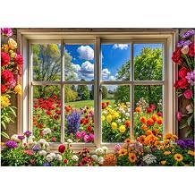 7x5FT Spring Summer Photography Backdrop Flowers and Trees Vibrant Flowers Party Decoration Sunshine Grassland Spring Window Landscape Photo Background 087
