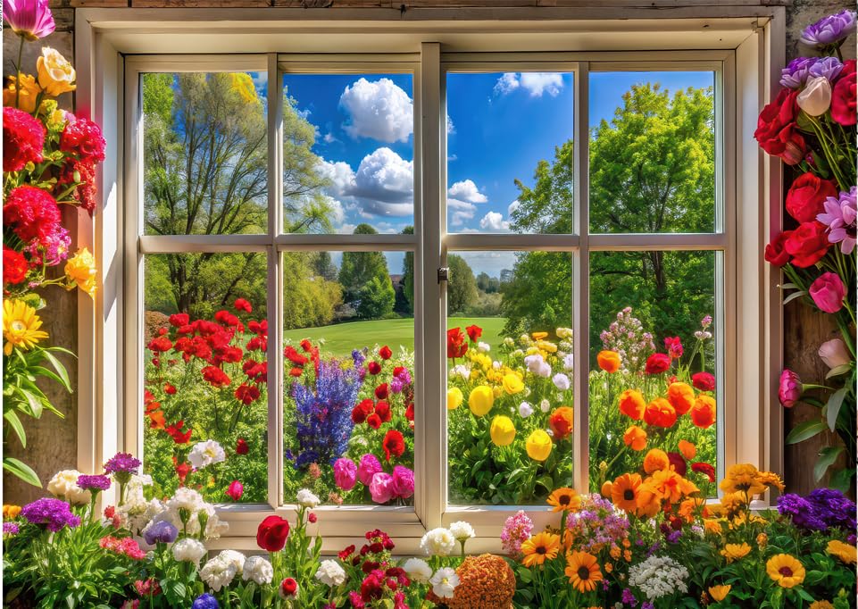 7x5FT Spring Summer Photography Backdrop Flowers and Trees Vibrant Flowers Party Decoration Sunshine Grassland Spring Window Landscape Photo