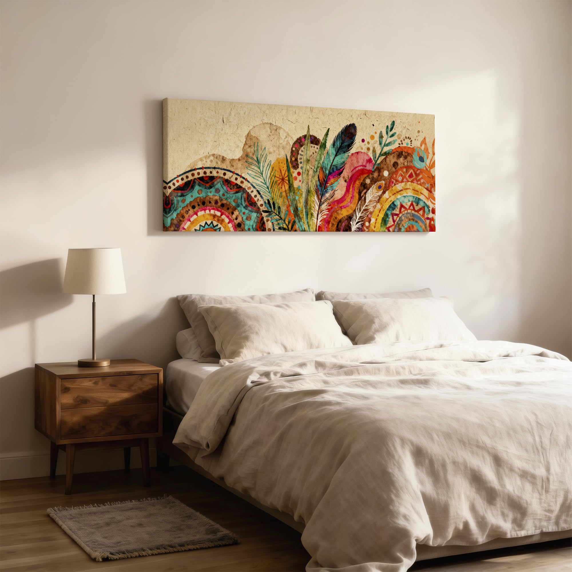 SoulAbiti Mediterranean Rainbow Feathers Unframed 36x14 inches Rolled Canvas Wall Contemporary Art UV Print Painting for Living Room, Bedroom & Office Decor Premium Gloss Vivid Fade-Resistant Print 4