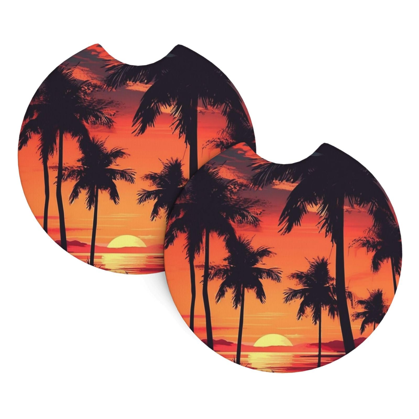 2PCS Car Coaster for Cup Holders Universal Auto Cup Mat Palm Tree Summer Sunset Cup Coaster Pad 2.7" Waterproof Neoprene Non-Slip Cup Holder Coasters Car Interior Accessories for Women Men