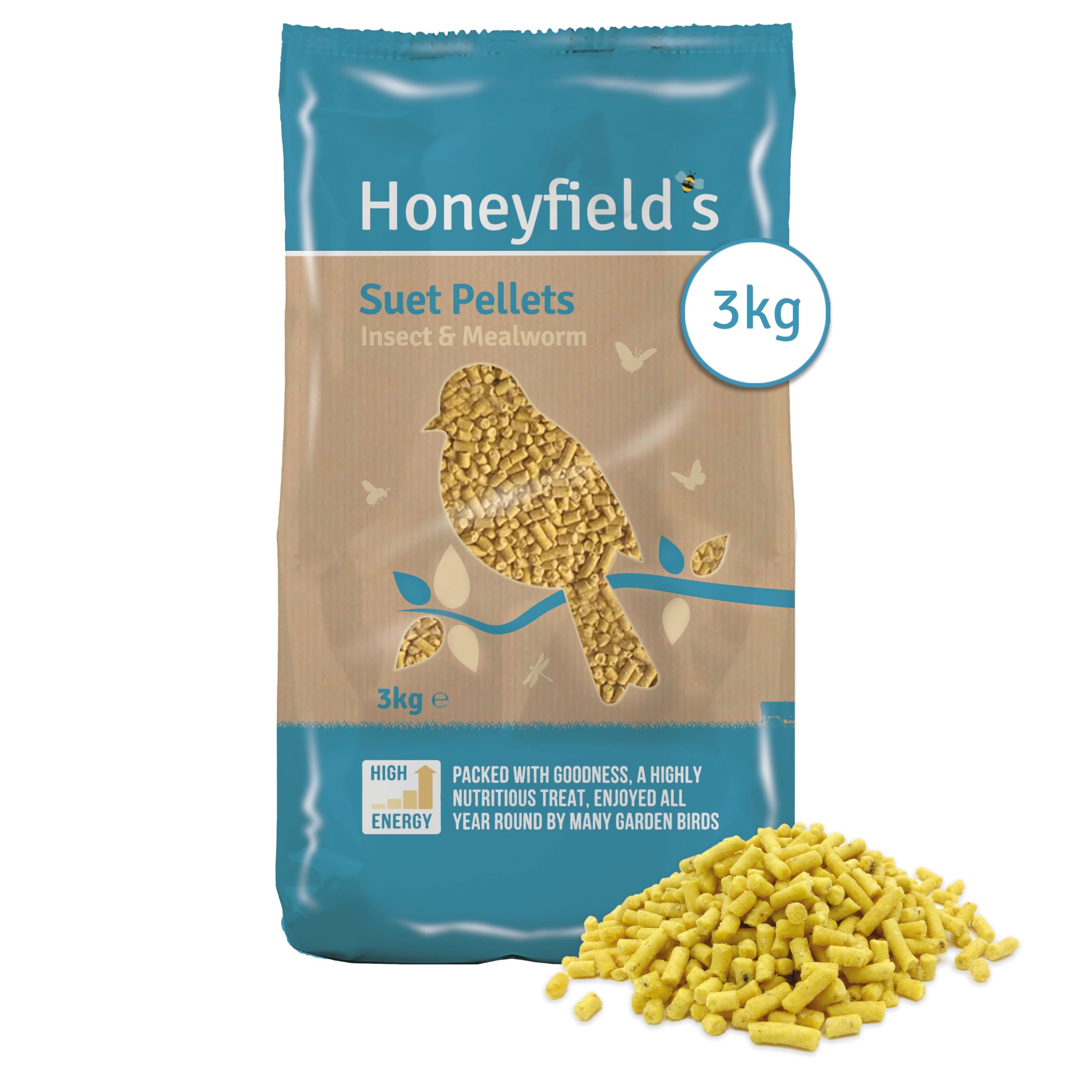 Suet Pellets Wild Bird Food for Small Birds - High in Energy and Protein, Made with Insects and Mealworms, Great for Hanging Feeders and Bird Tables (Insect and Mealworm) (3kg Bag) - Honeyfield’s