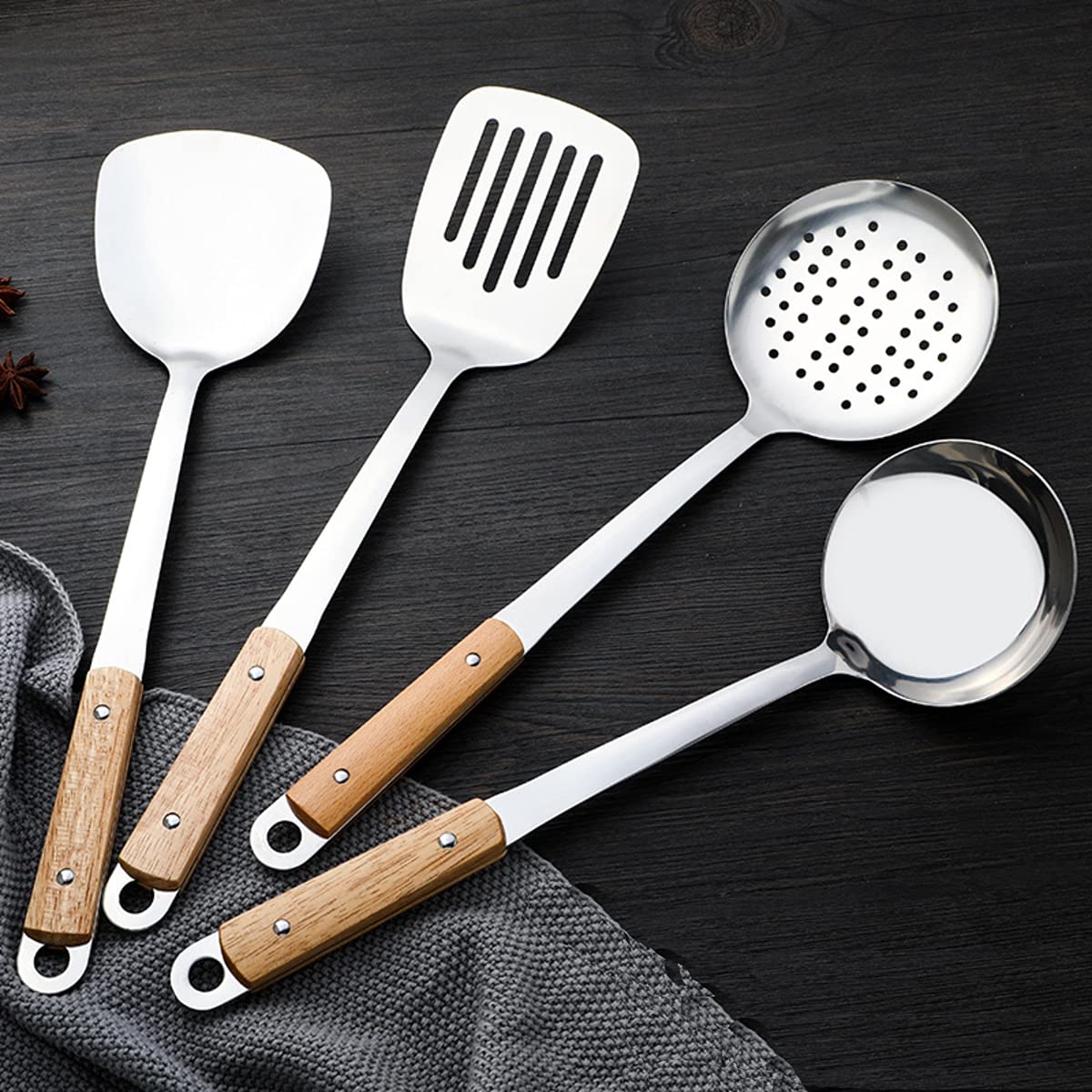 pepploLadle & Spatula, Slotted BBQ Turner, Perfect for Ladling Soup, Stir-Frying Food, Grilling, Sc, Turning Meat, Mixing Scrambled Eggs, Flipping Burgers, Comfortable Bamboo Handle(Set of 4)