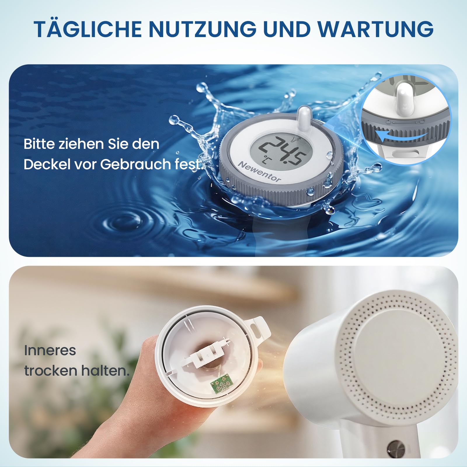 Newentor PoolThermometer Schwimmend - Funk Wasserthermometer -Aufgerüstete IPX8 Wasserdicht - Verbesserter Antennen - Turbo für 100m Reichweite durch Wände - Weiß mit Basisstation