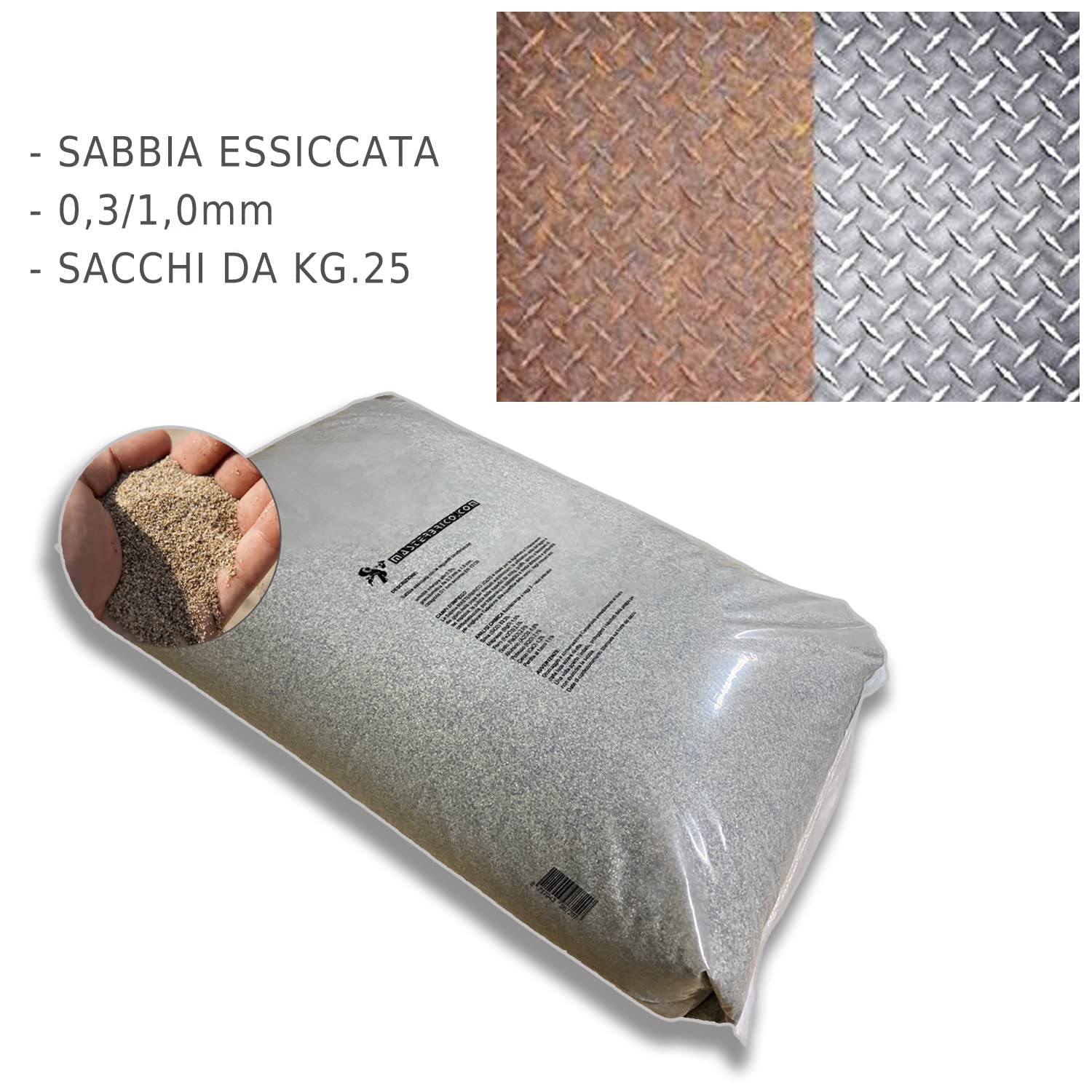 Sable pour ponceuse 0,3-1,0 mm Sac de 25 kg – Sable sec Vaga pour traitements de sablage sur bois, fer, béton et brique – Granulométrie moyenne, faible humidité