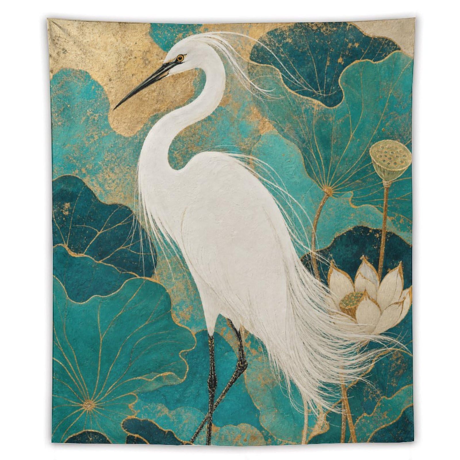 W7C8U2X3 White Egret and Lotus Wall Tapestry, Asian Ink Style, Bedroom