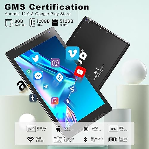 Miniatura 2 de TJD Tableta Android 12 de 10.1 pulgadas con soporte, 8 GB de RAM, 128 GB ROM 512 GB expandible, carga rápida de 6000 mAh, cámara dual de 8 MP, WiFi