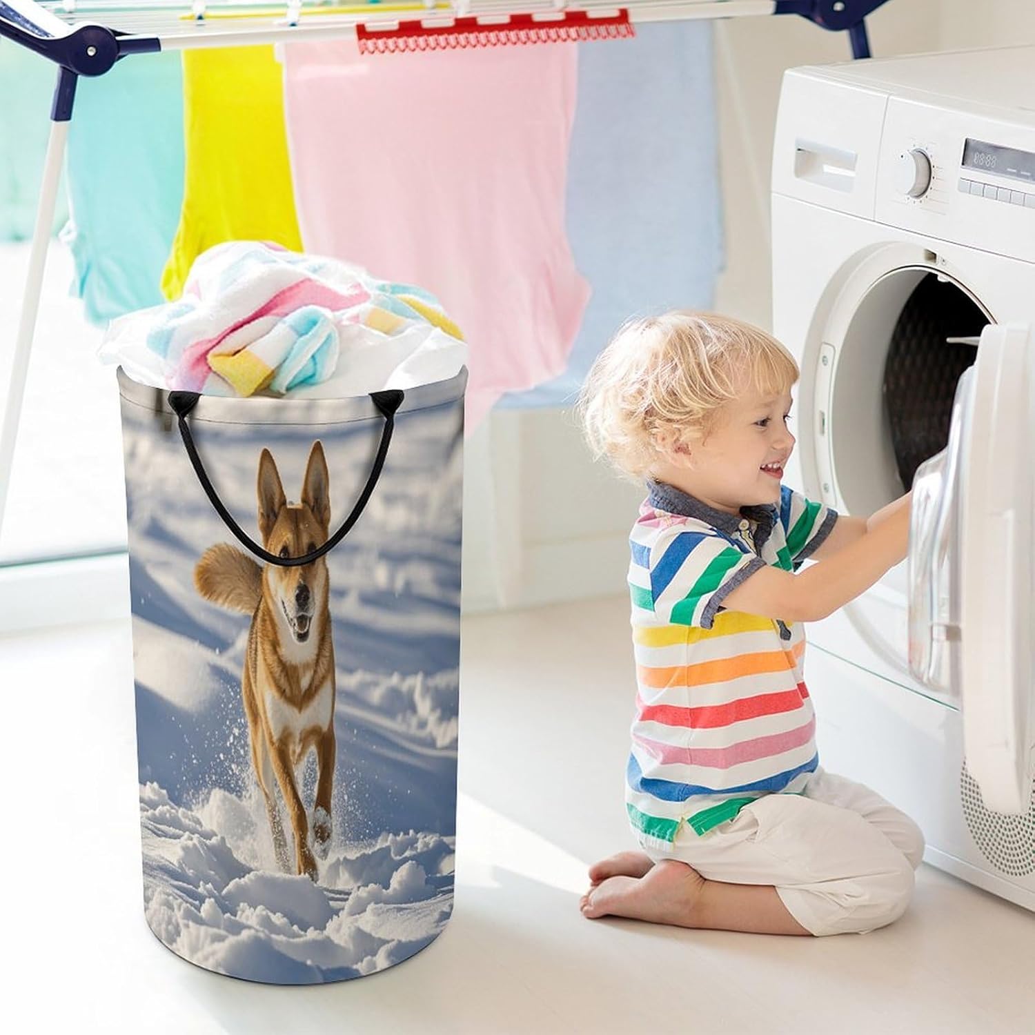Dog Chasing in The Snow Laundry Hamper Large Collapsible Laundry Basket with Handles Waterproof Clothes Hamper Portable Dirty Clothes Basket for Bedroom Laundry Room Closet Bathroom