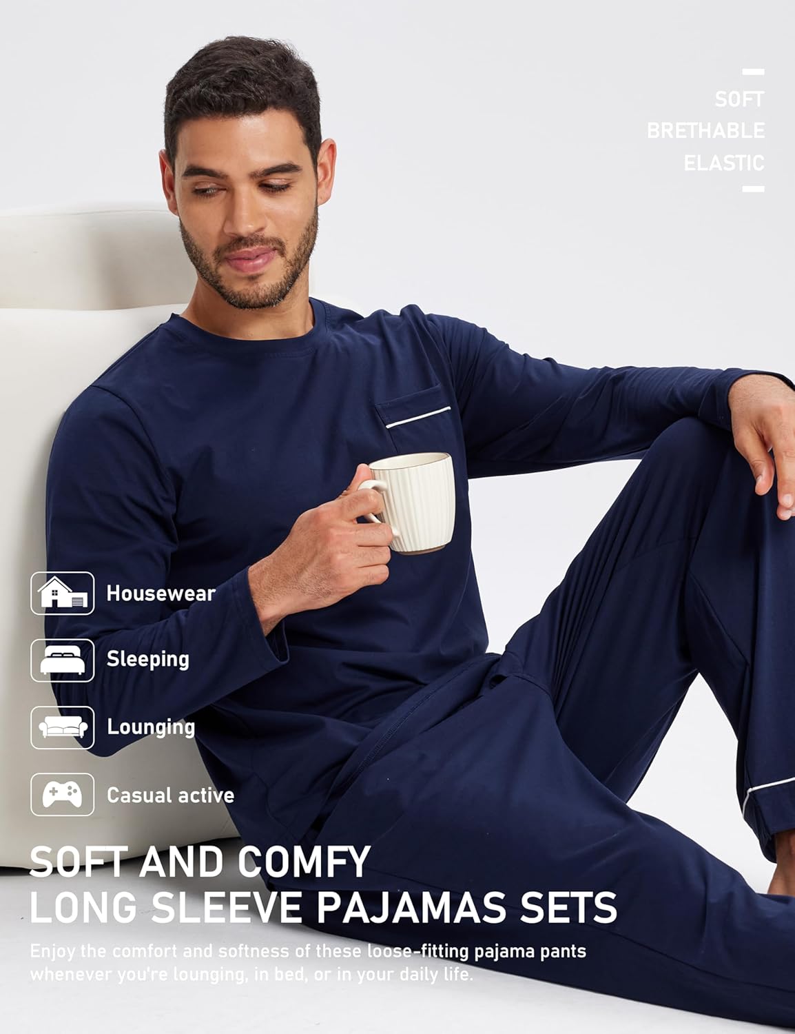 Men's Pajamas Set Soft Cotton Pjs Sets Long Sleeve Pullover Sleepwear Loungewear Set with Elastic Waist & Pockets - Image 7