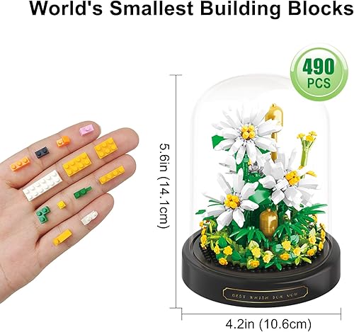 Miniatura 2 de Ramos de flores e insectos, juguetes de construcción  490 piezas de bloques de construcción de margaritas pequeñas con cubierta antipolvo, flores