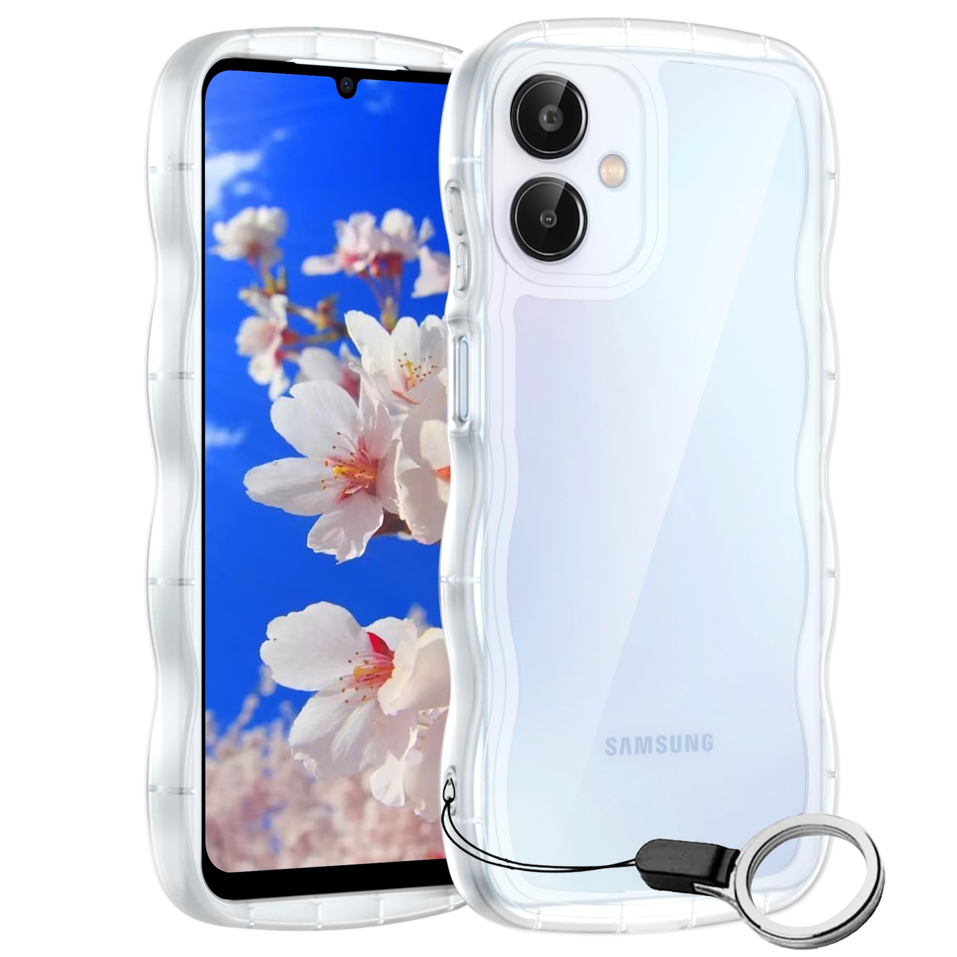 Galaxy A25 5G用ケースクリア リング付き ギャラクシーA25 5G SC-53F SCG33 ウェーブ 純透明 マグセフ 可愛い マツと感 TPU 耐衝撃 超軽量 極薄 透明 黄ばみなし 滑り止め かわいいうねうね 韓国 人気 ストラップホール付きなみなみ カバー・サムスンA25 5Gクリア