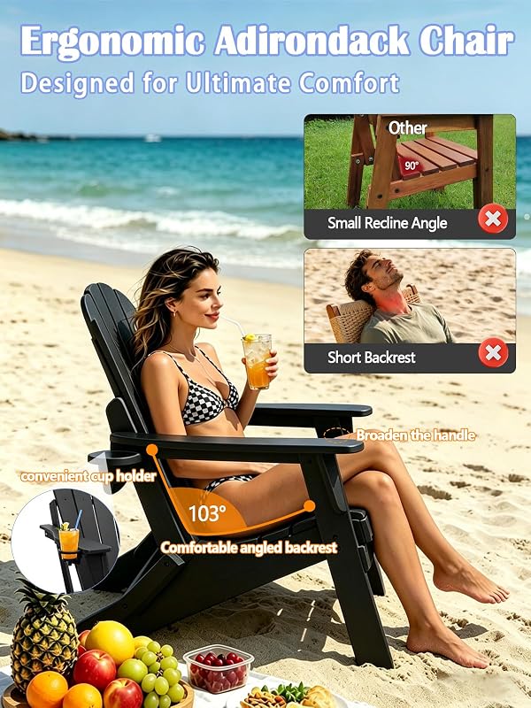 UCMDA Folding Adirondack Chair Black - HDPE Plastic Outdoor Adjustable Adirondack Chairs with Arm Rests and Cup Holder, Durable Outdoor Chair for Patio Deck,Garden,Backyard Deck, Beach, Pool,Fire Pit by UCMDA - Image 3