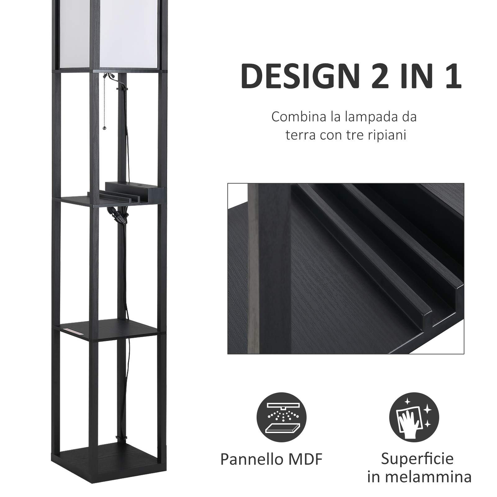 HOMCOM Lampada da Terra Moderna con Ripiani 26 x 26 x 160 cm Nero e Bianco | Lampadina, Illuminazione Interna Salvaspazio, da Soggiorno, Cotone, MDF