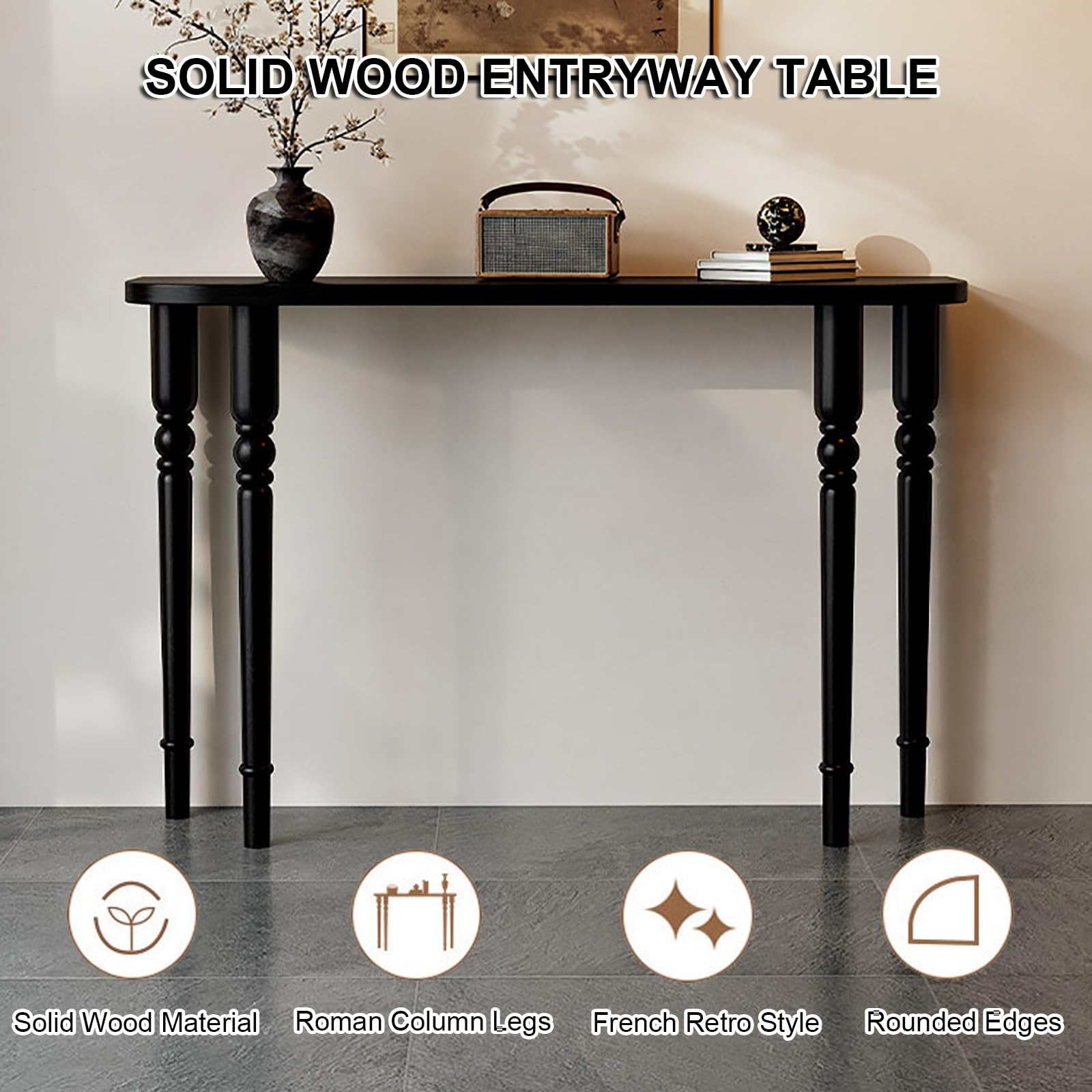 Konsole z Litego Drewna, Wąski Stolik w Stylu Retro do Przedpokoju w Stylu Francuskim, Stolik za Kanapą do Salonu, Przedpokoju, Korytarza(Black,80x30x80cm/31x12x31in)