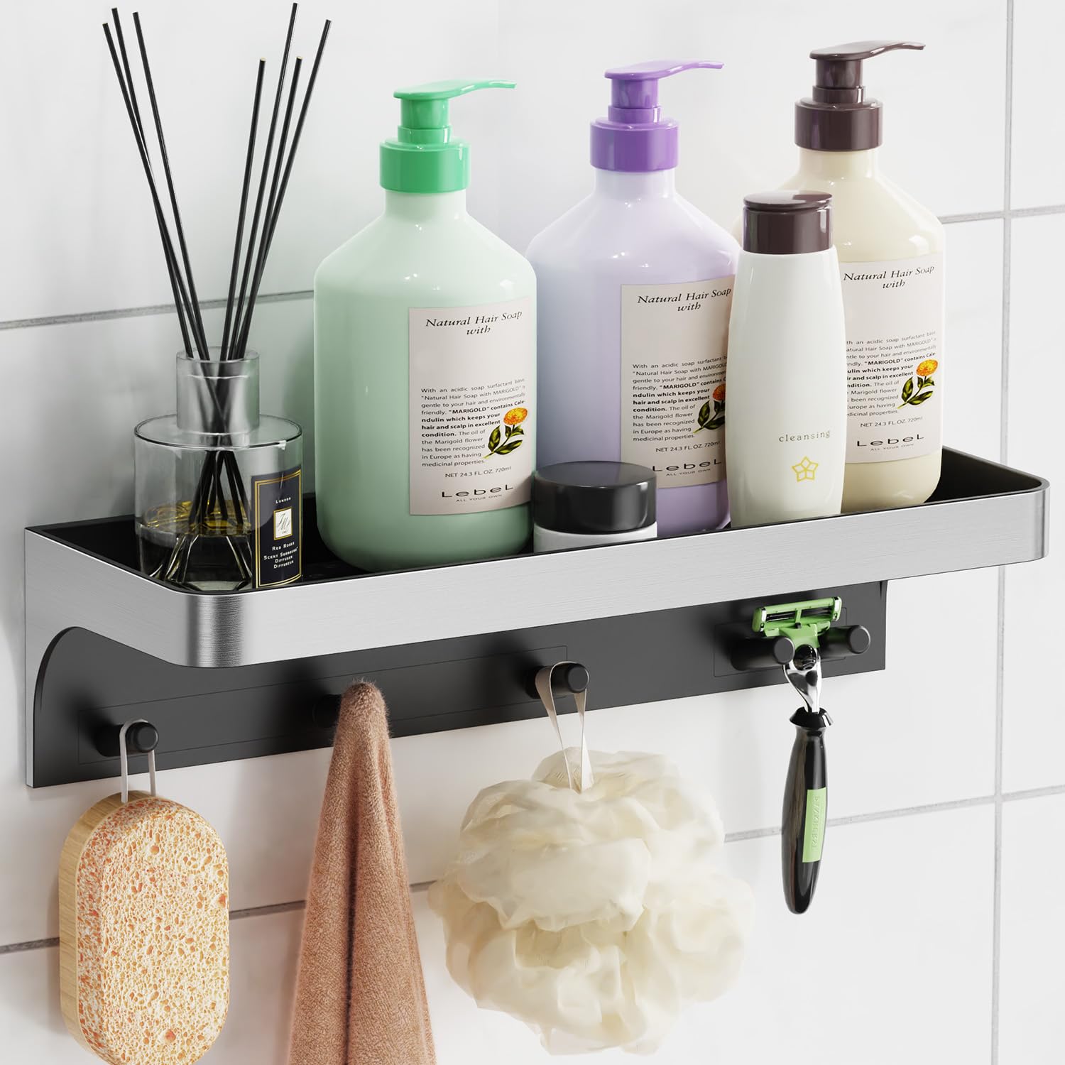 Photo 1 of Lewono Shower Caddy Adhesive with 5 Hooks & Drainage, No-Drill, Silver