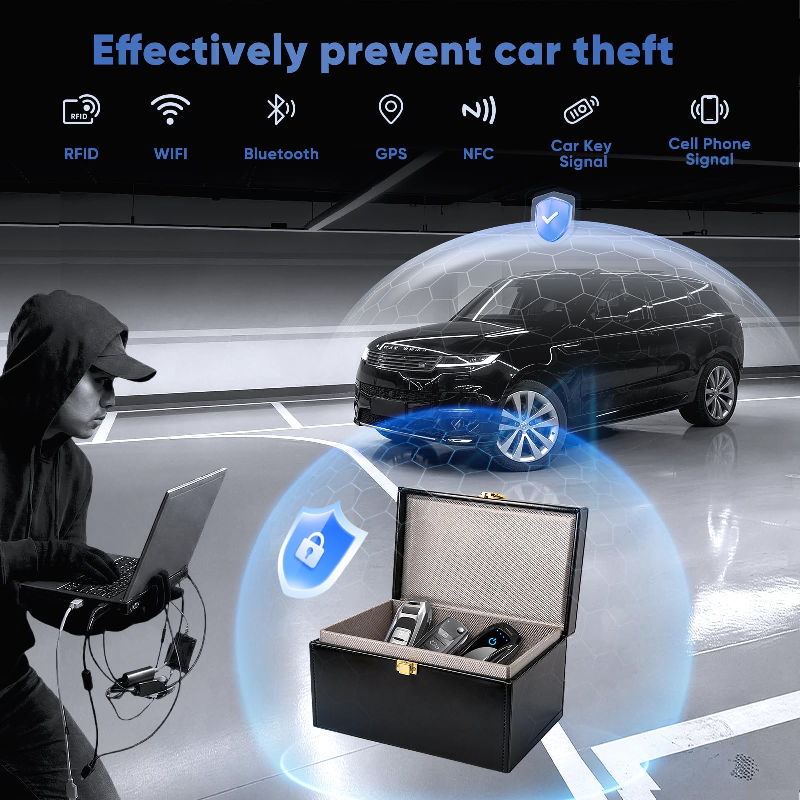 Dayacoco Large Faraday Box for Car Keys, 22.2×13×10.5cm, with 2 Pack Faraday Pouch, 2 Pack RFID Blocking Card Holder for Car Security Anti-Theft, Car Key Signal Blocker Box for Car Key, Phone & Card — view 4