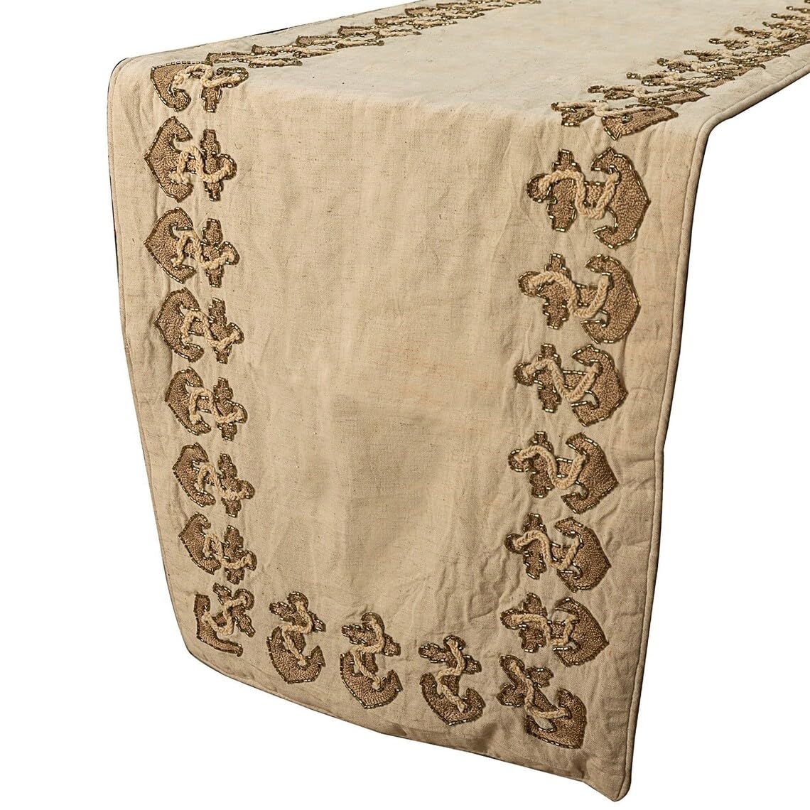 Luxury Beige Handmade Table Runner 35 x 160 cm, Beaded Embroidery Table Runner on Linen fabric - Anchor Hold — image 1