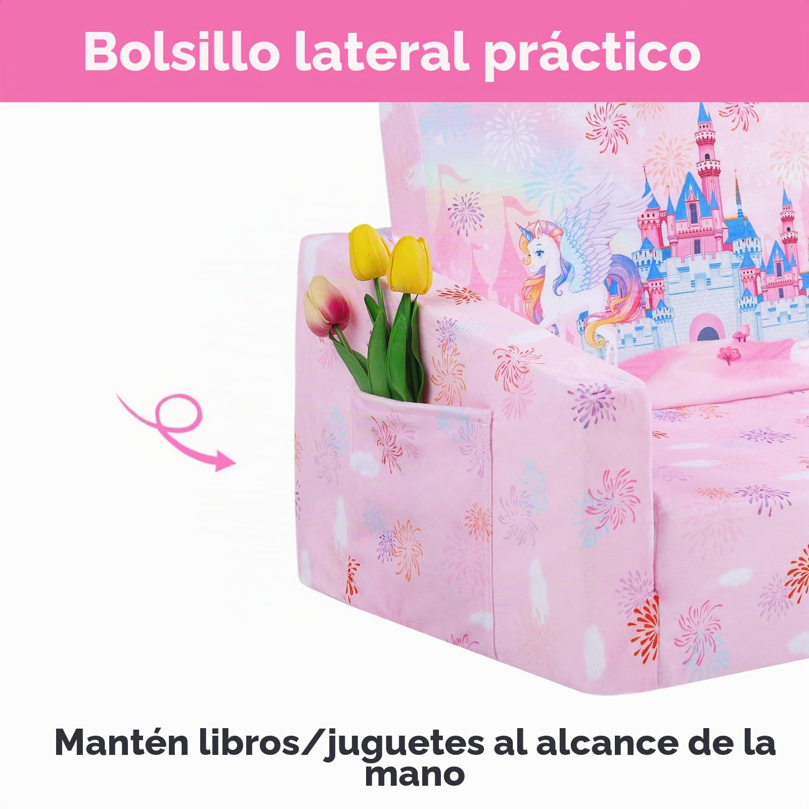 Sofás Plegables para niños Sillón con Respaldo Sillón 2 en 1, Sillón Infantil Cómoda Estable Ligero con Bolsillo de Tela, Sofá Cama Asiento para Bebé para Dormitorio Sala de Juegos, Castillo Princesa