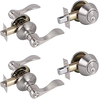 Probrico 2 Sets-Wave Style Entry Door Levers with Double Cylinder Deadbolts Combo Pack, Keyed Alike Door Knobs Exterior and Interior Lockset Leverset, Handleset for Front and Entrance Door