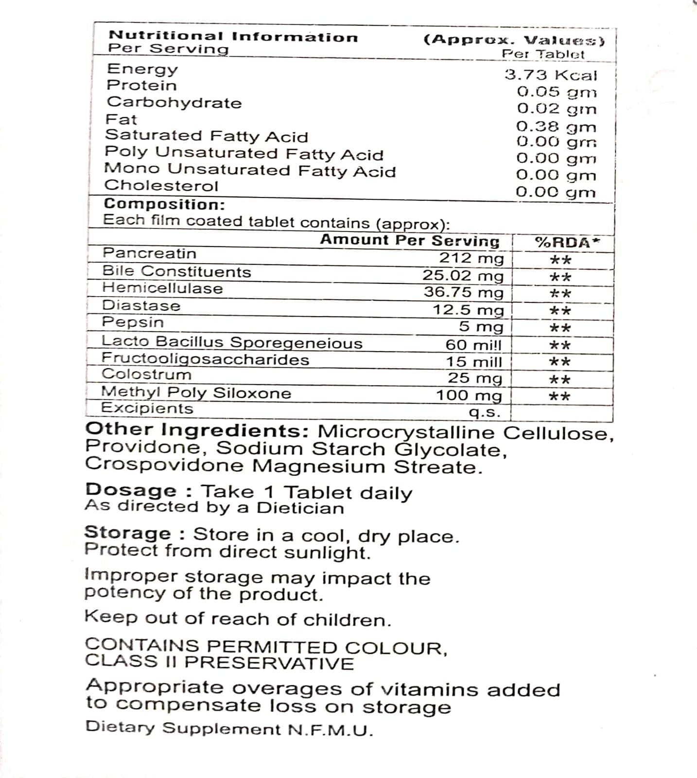 Diegestive Enzyme & Probiotic Tablets with Pancreatin, Bile Constituents, Hemicellulase, Diastase, Pepsin, Lactobacillus Sporegenous, Fructooligosaccharides, Colostrum & Methyl Polysiloxane | Digestive Support Supplement | 100 Tablets — Amazon image 3