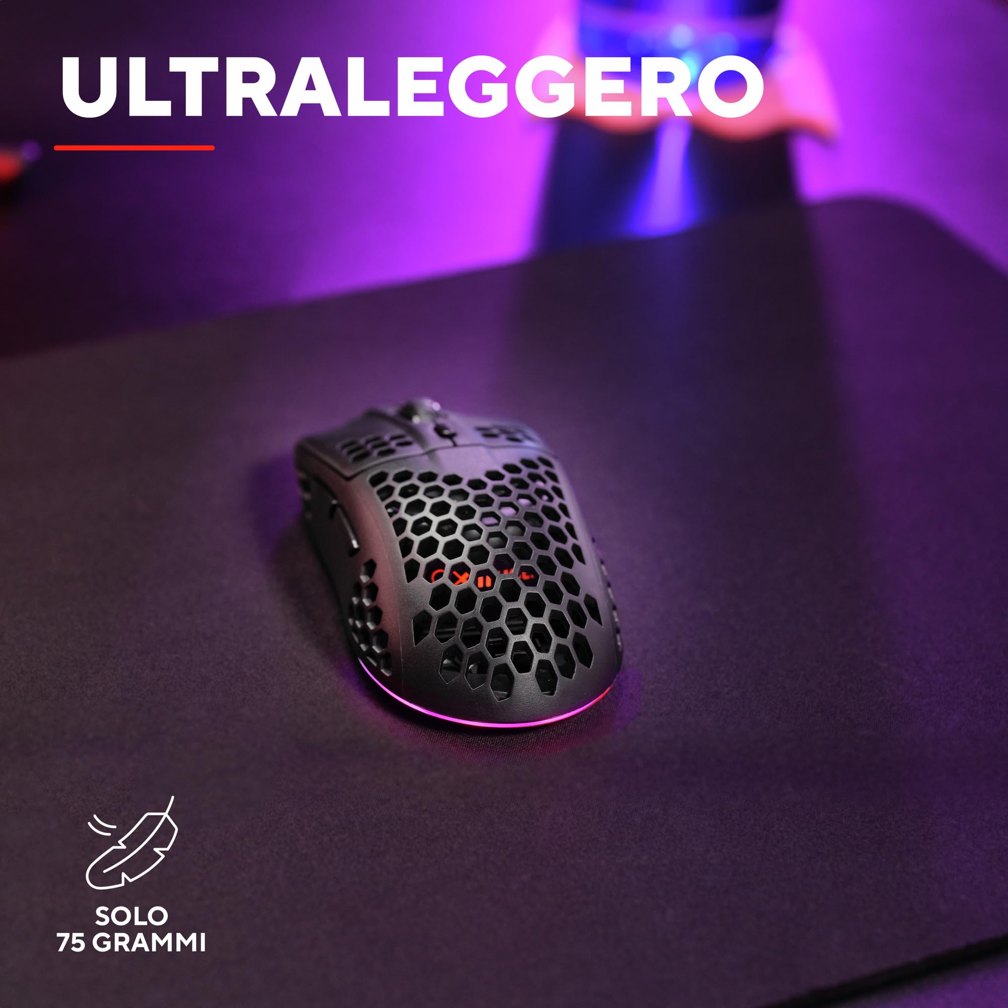 Trust Gaming GXT 929 Helox Mouse Gaming Wireless Superleggero 75g, 80h di Durata Batteria, 2.4GHz Ricevitore USB, Regolazione DPI (800-4800), Illuminazione LED, Mouse Wireless Ricaricabile - Nero