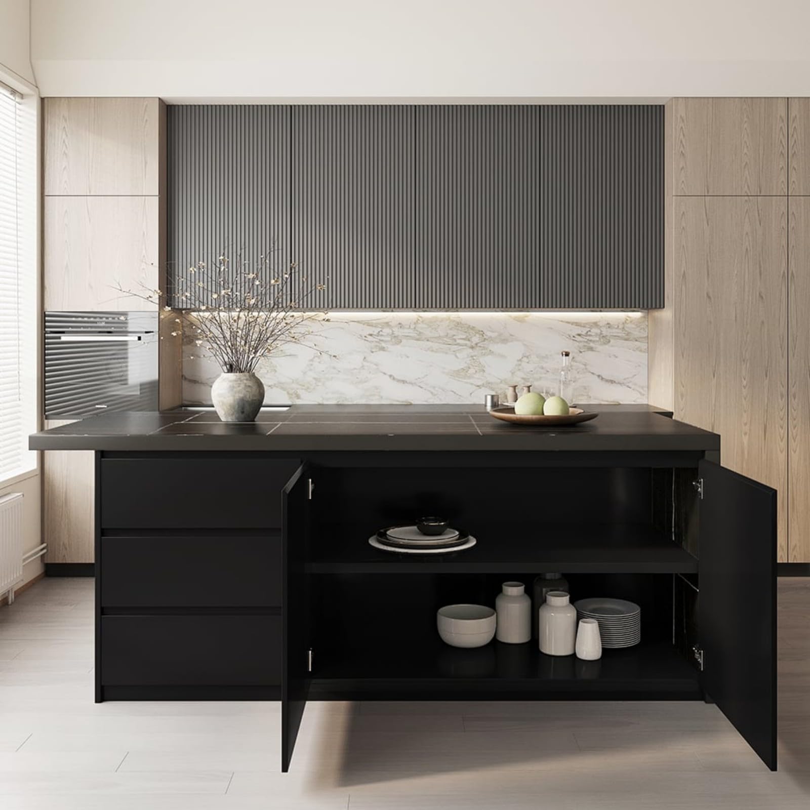 Homary Îlot Central de Cuisine avec Rangements 183 cm Noir, Meuble Îlot Moderne avec 3 Tiroirs, 2 Portes & 6 Étagères, en Bois, Résistant à l'eau, pour Salle à Manger