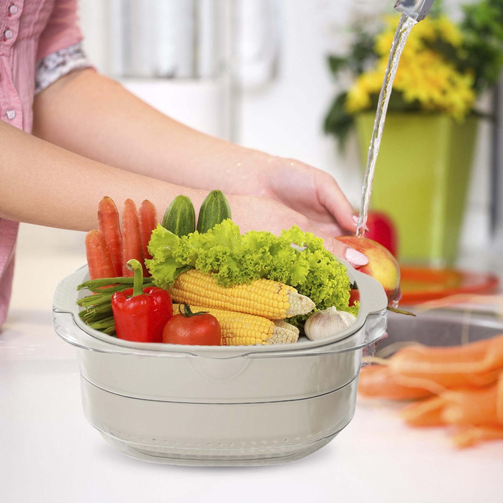 Colino da cucina con ciotola scolapasta in plastica senza BPA per frutta e verdura, lavabile in lavastoviglie, vassoio di drenaggio a doppio strato, per pasta, insalata, carne, bacche