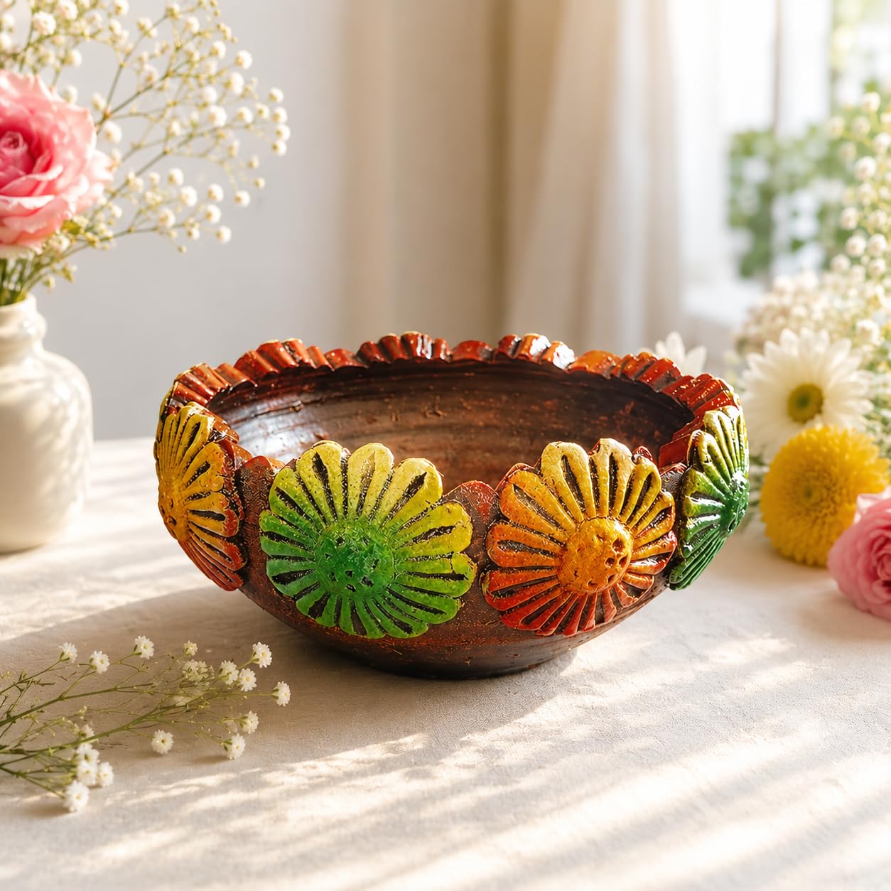 Niyara Handmade Earthenware Clay Terracotta Decorative Bowl, Urli, Flower Pot (Multi Color) (Medium)-image-27