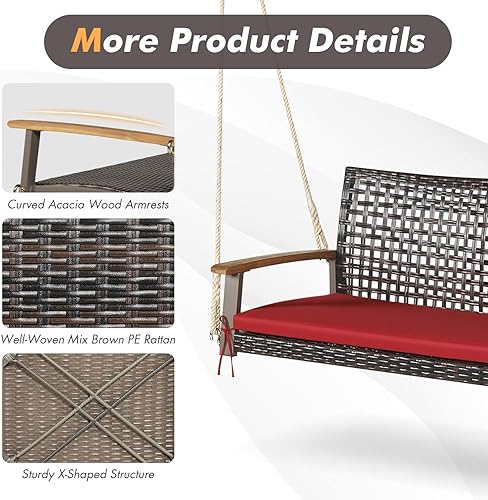 Miniatura 8 de Happygrill Silla oscilante de ratán para porche de 2 asientos, banco oscilante de mimbre para exteriores con cojín de asiento y reposabrazos de