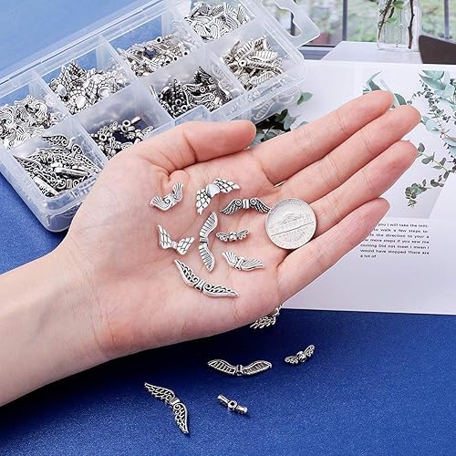 Miniatura 5 de Pandahall - 240 colgantes de aleación de alas de plata antigua, dijes de estilo tibetano, cuentas sueltas espaciadores para hacer joyas de ángeles