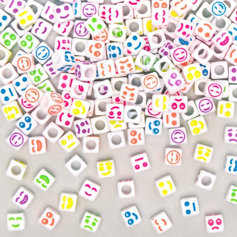 Baker Ross FE294 Cube Funny Face Beads - Pack of 300, Multi Coloured Embellishments for Children's Jewellery Making, Arts Crafts and Crafting Activities