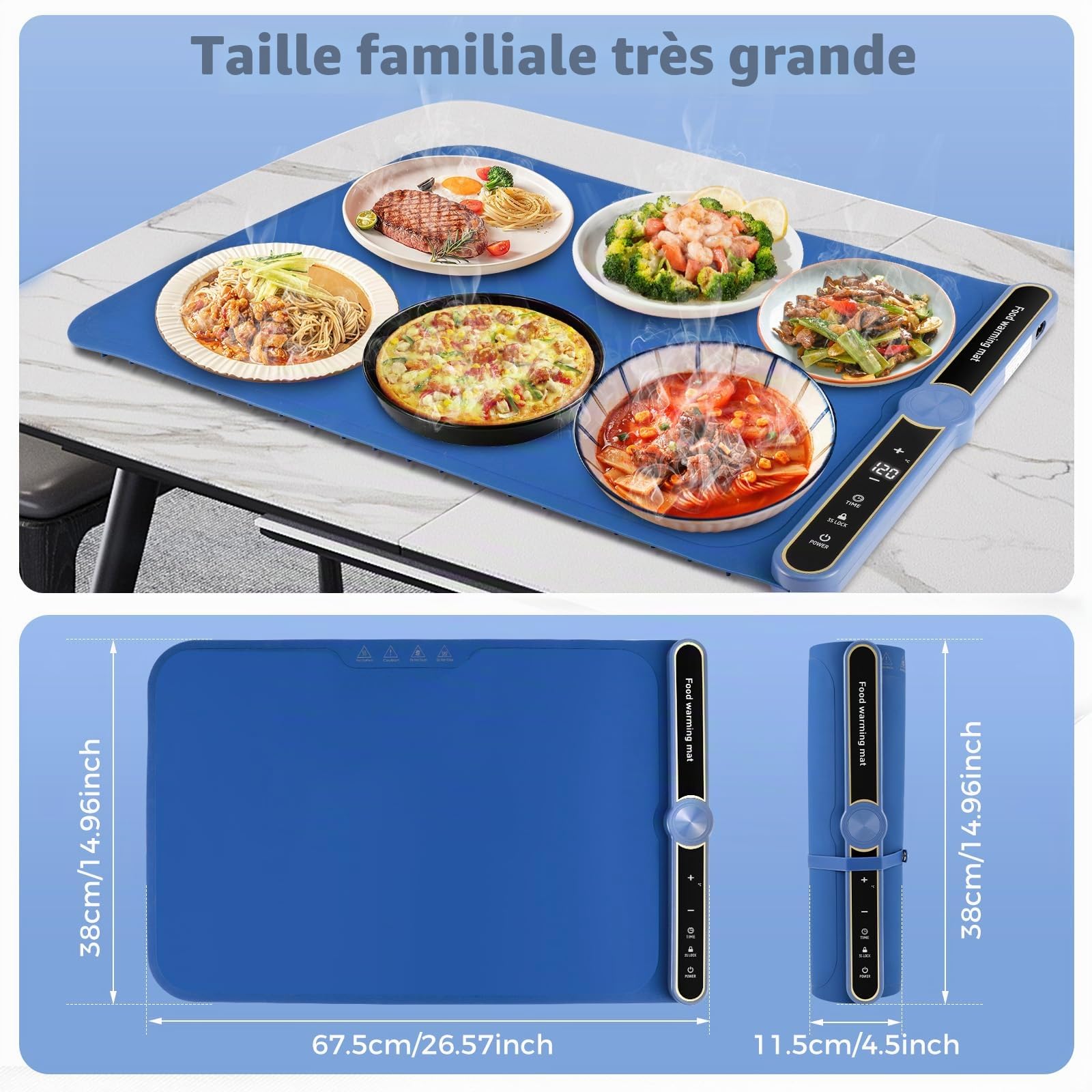 Chauffe Plat Electrique,avec 9 températures,6 réglages de minuterie,Chauffe Plat Portable en Silicone Enroulable avec Sécurité Enfant,Chauffage la Surface en 5s,pour Buffets Fêtes Banquet, Beige