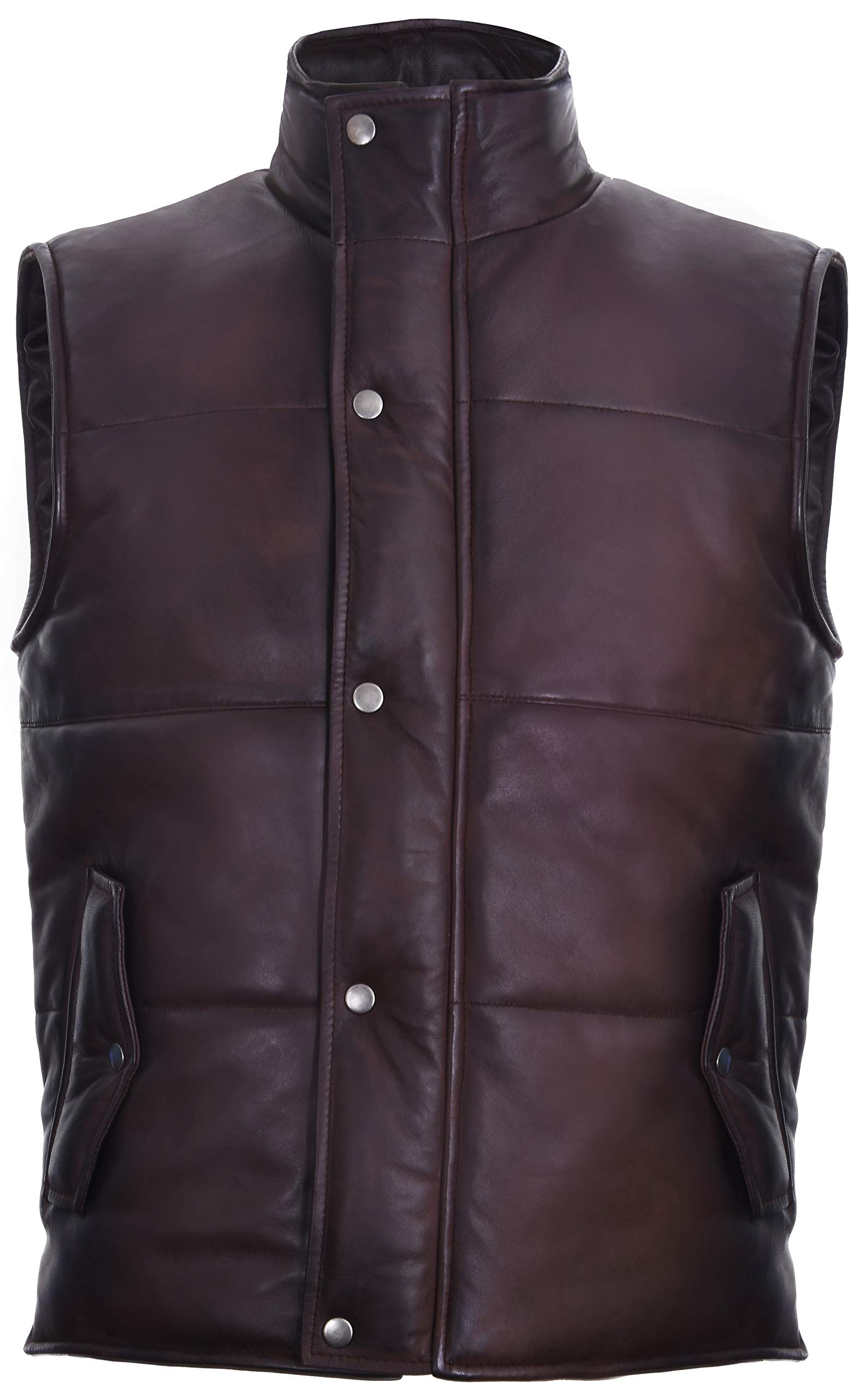 Men's Brown Leather Puffer Padded Vest Waistcoat 3XL