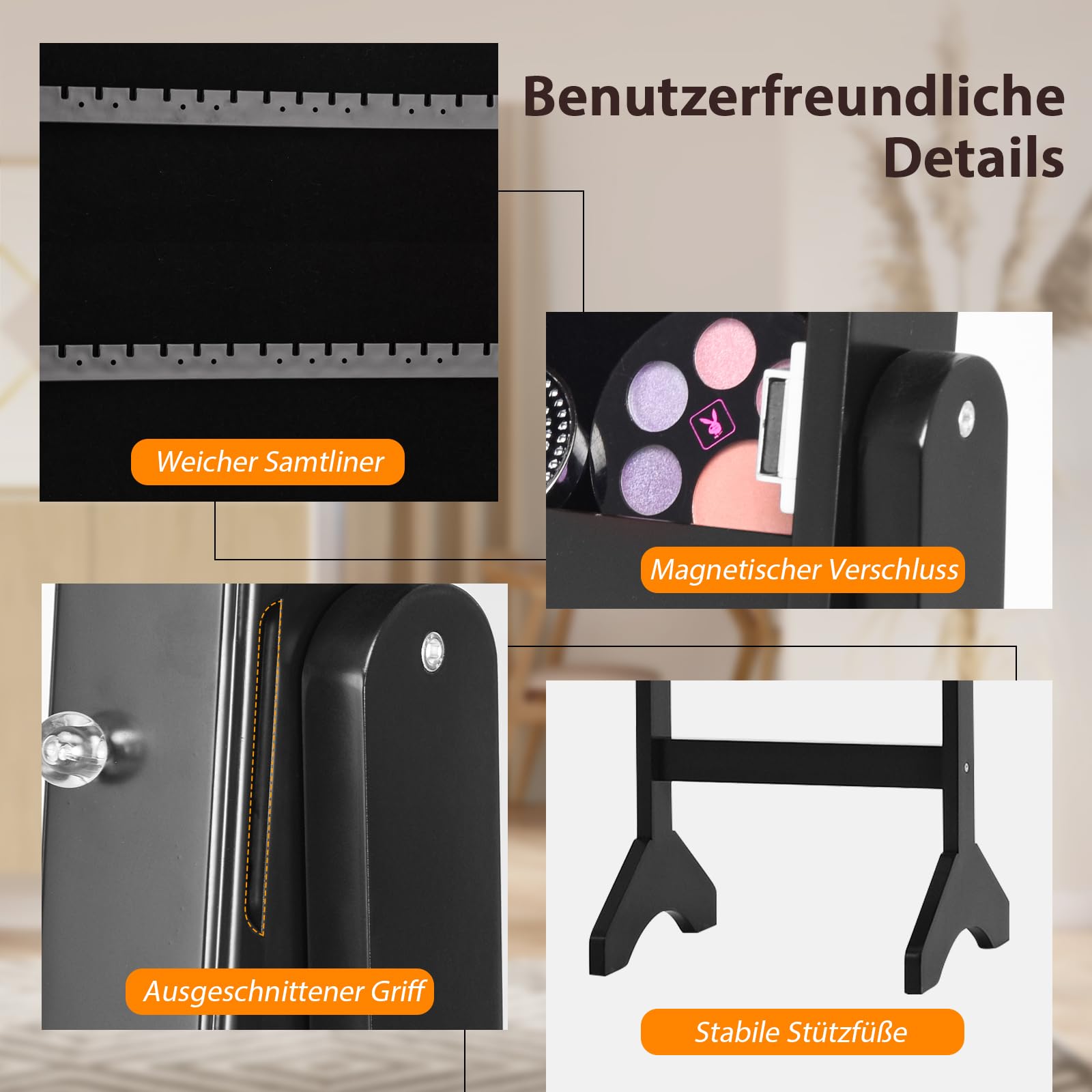 GOPLUS Schmuckschrank mit LED-Beleuchtung, Schmuckregal mit Ganzkörperspiegel & Eingebautem Spiegel, Frei Stehender Spiegelschrank, mit Stauraum für Schmuck & Kosmetika (Schwarz)